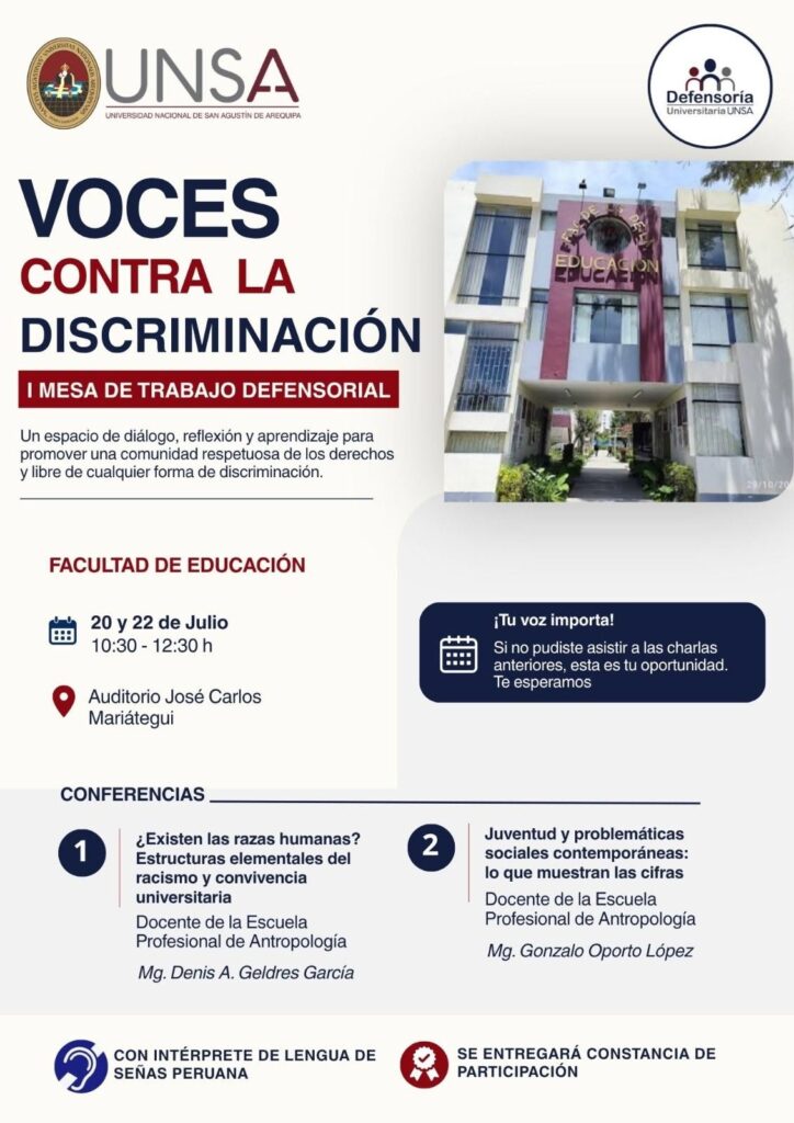 I Mesa de trabajo Defensorial: Voces contra la discriminacion (Facultad de Educación)