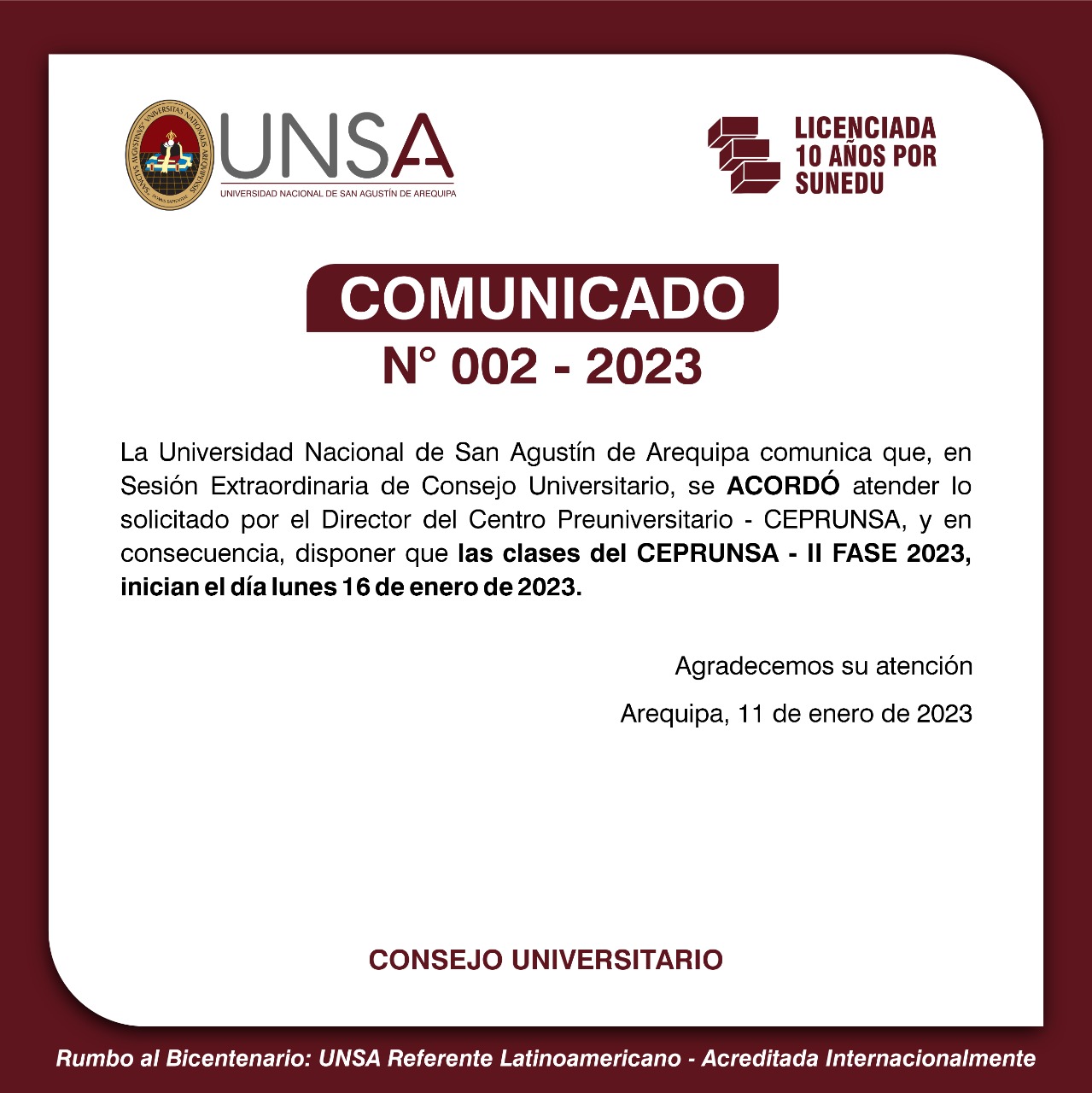 Consejo Universitario aprueba nuevas fechas para examen de CEPRUNSA